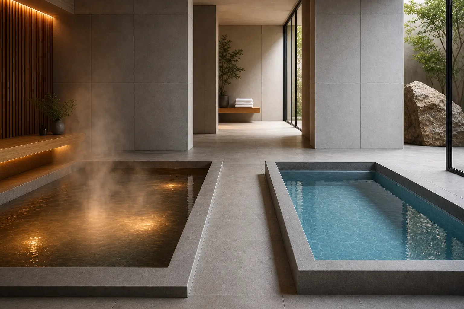 Warm spa pool and cold plunge pool separated by a clear non-slip walkway in a recovery studio