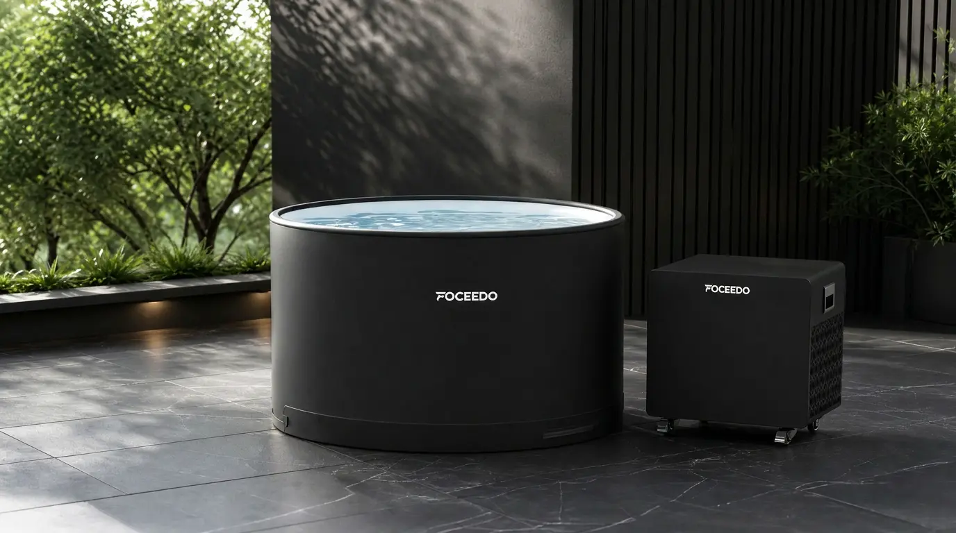 A minimalist FOCEEDO premium black cold plunge tub and smart water chiller unit on a luxury dark slate patio with modern vertical wood slats and lush green garden foliage in the background