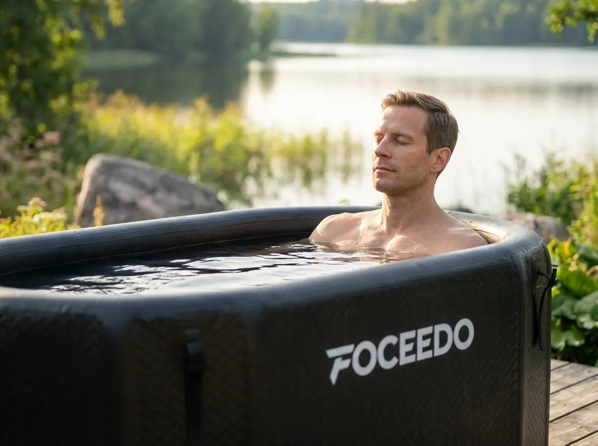 Man relaxing in an outdoor FOCEEDO inflatable ice bath tub and chiller by a lake