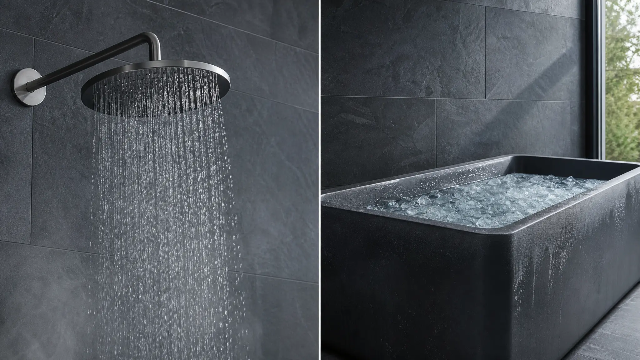 A side-by-side comparison of a modern cold shower head with running water and a premium dark grey ice bath tub filled with ice water against a slate wall, illustrating ice bath vs cold shower benefits for cold exposure therapy