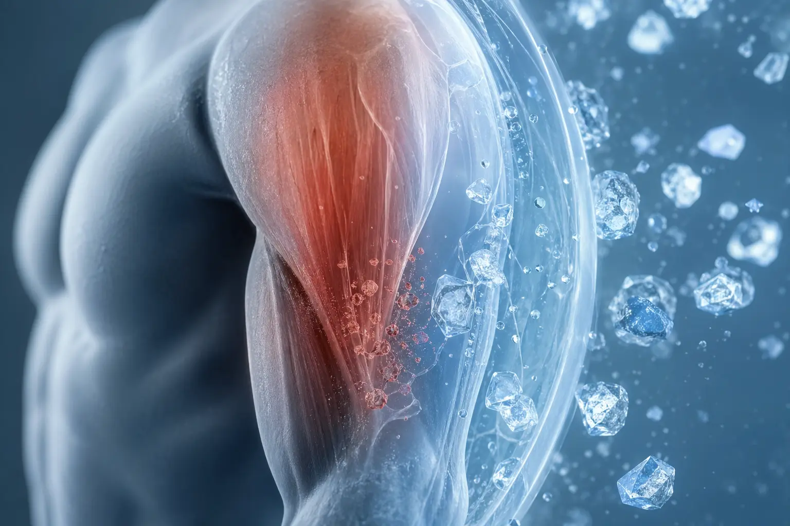 An anatomical medical illustration showing the science behind FOCEEDO cold plunge anti-inflammation and fast recovery