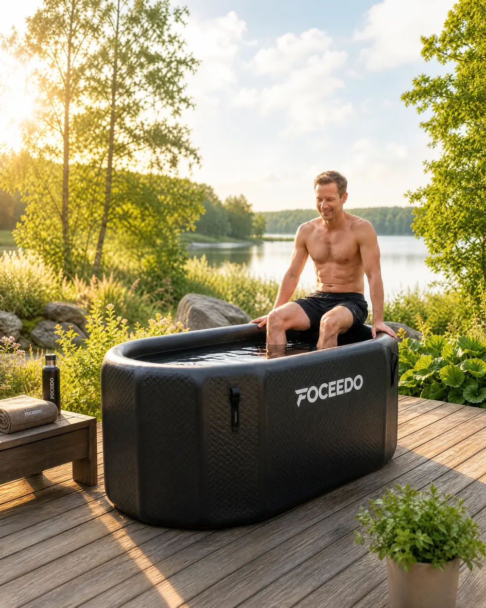 Athletic man preparing for outdoor cold water therapy in a inflatable ice bath with FOCEEDO Cold plunge chiller