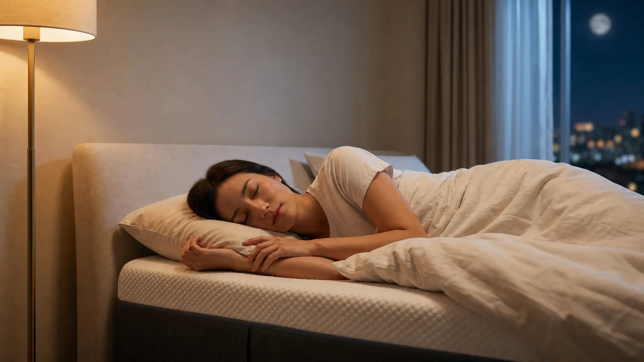 A woman sleeping deeply in a cozy bed, showing improved sleep quality after a nighttime cold plunge session.