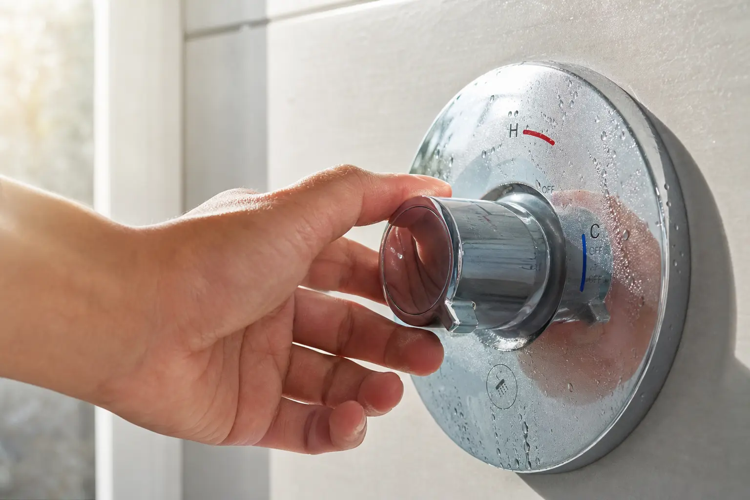 A person's hand turning a shower temperature dial down to the cold setting to start a cold shower.