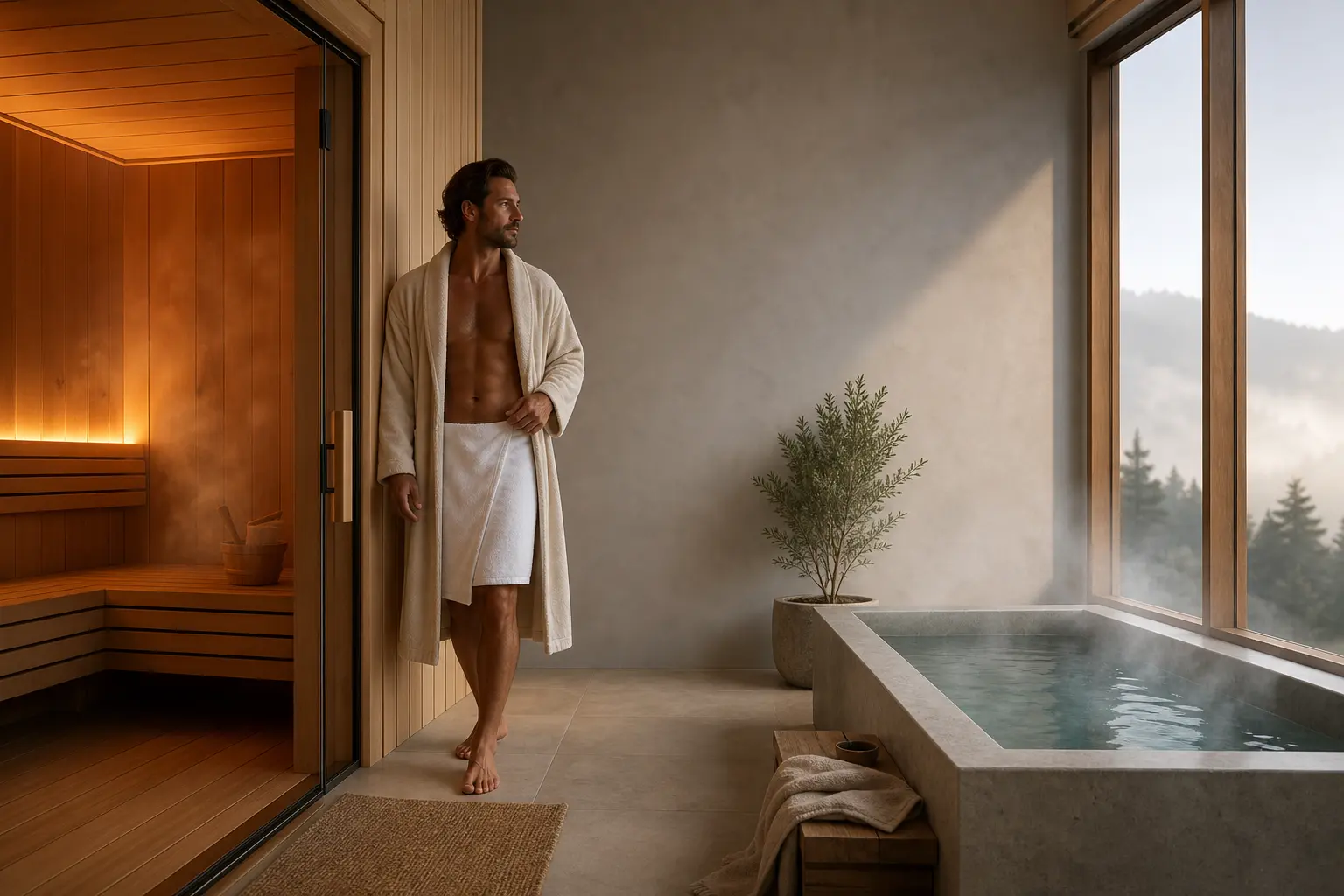 Premium outdoor home wellness setup with a cedar wood sauna and a modern cold plunge tub under soft ambient lighting