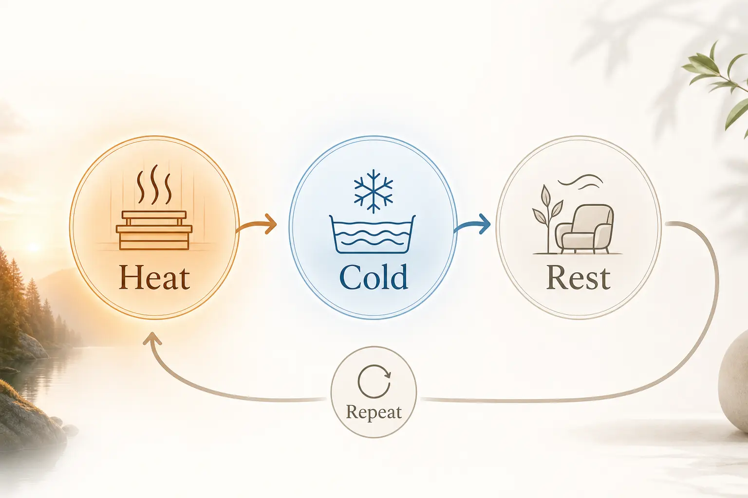 Nordic sauna and cold plunge cycle showing heat, cold, rest, and repeat.