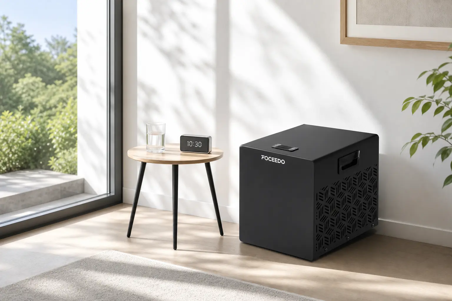 A modern black FOCEEDO cold plunge chiller unit placed next to a minimal wooden side table holding a digital clock and a glass of water, bathed in bright morning sunlight to illustrate circadian rhythm alignment.
