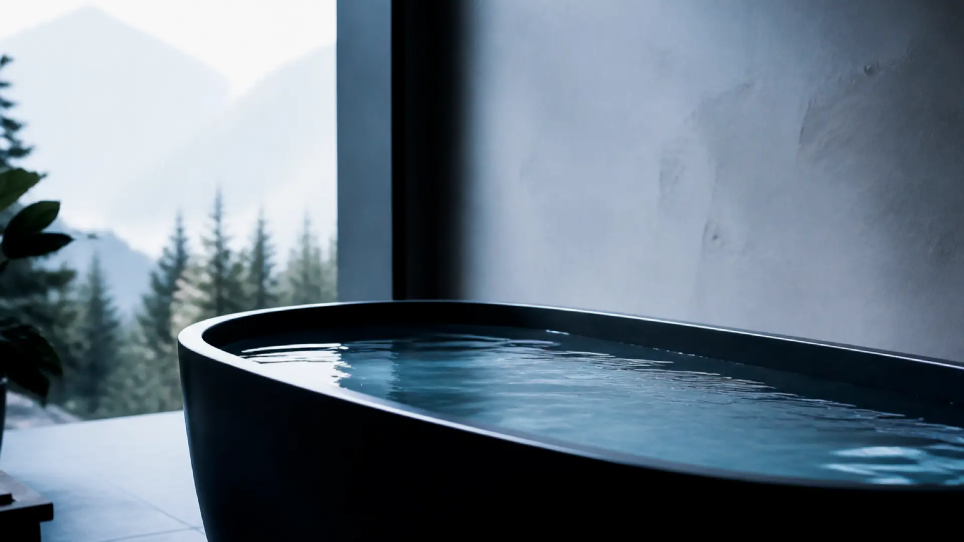 Modern black cold plunge tub filled with clear water beside a mountain-view window for controlled cold-water immersion.