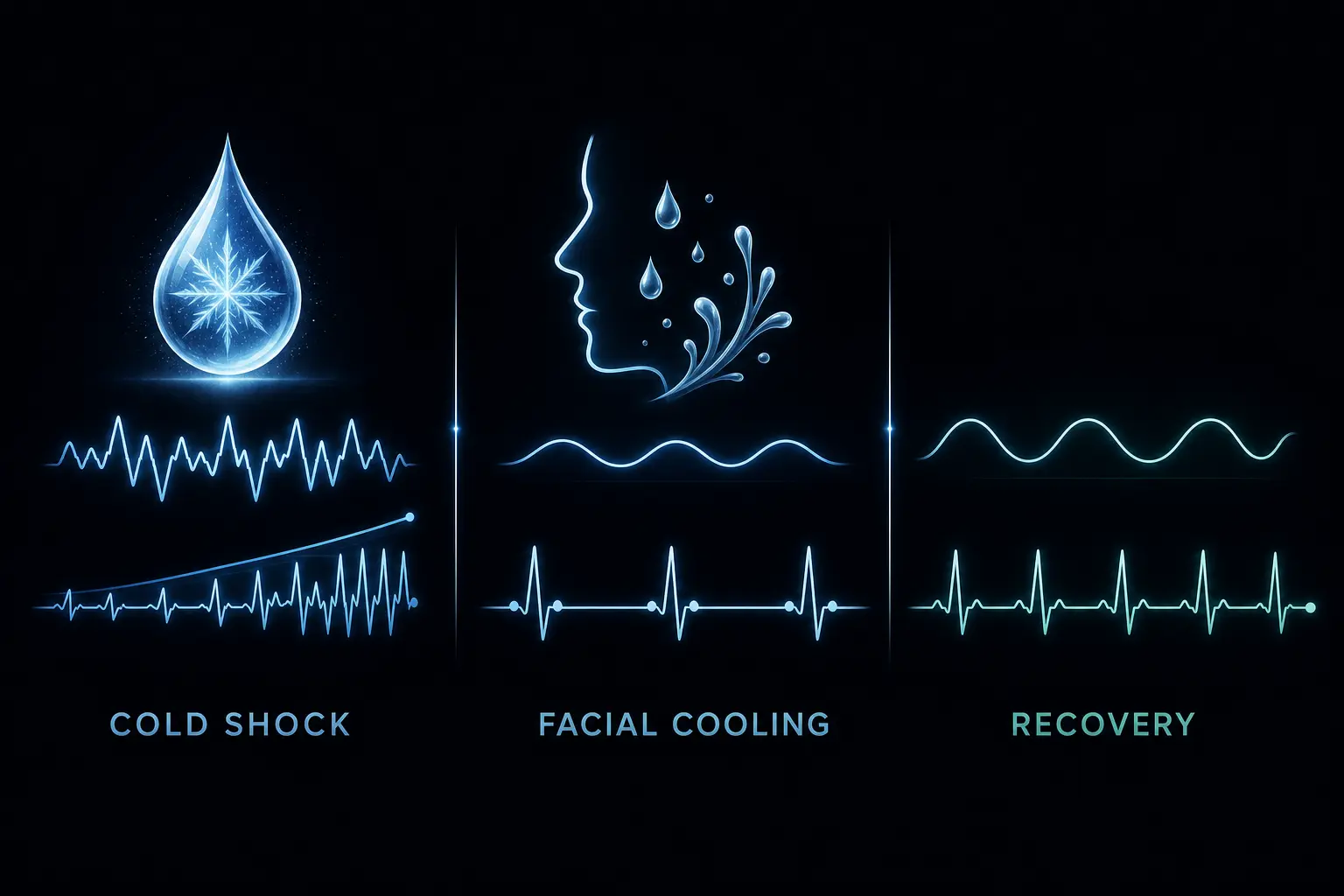 Four-part cold plunge safety guide showing slow entry, a clear airway, no breath-holding, and immediate exit when warning signs appear.