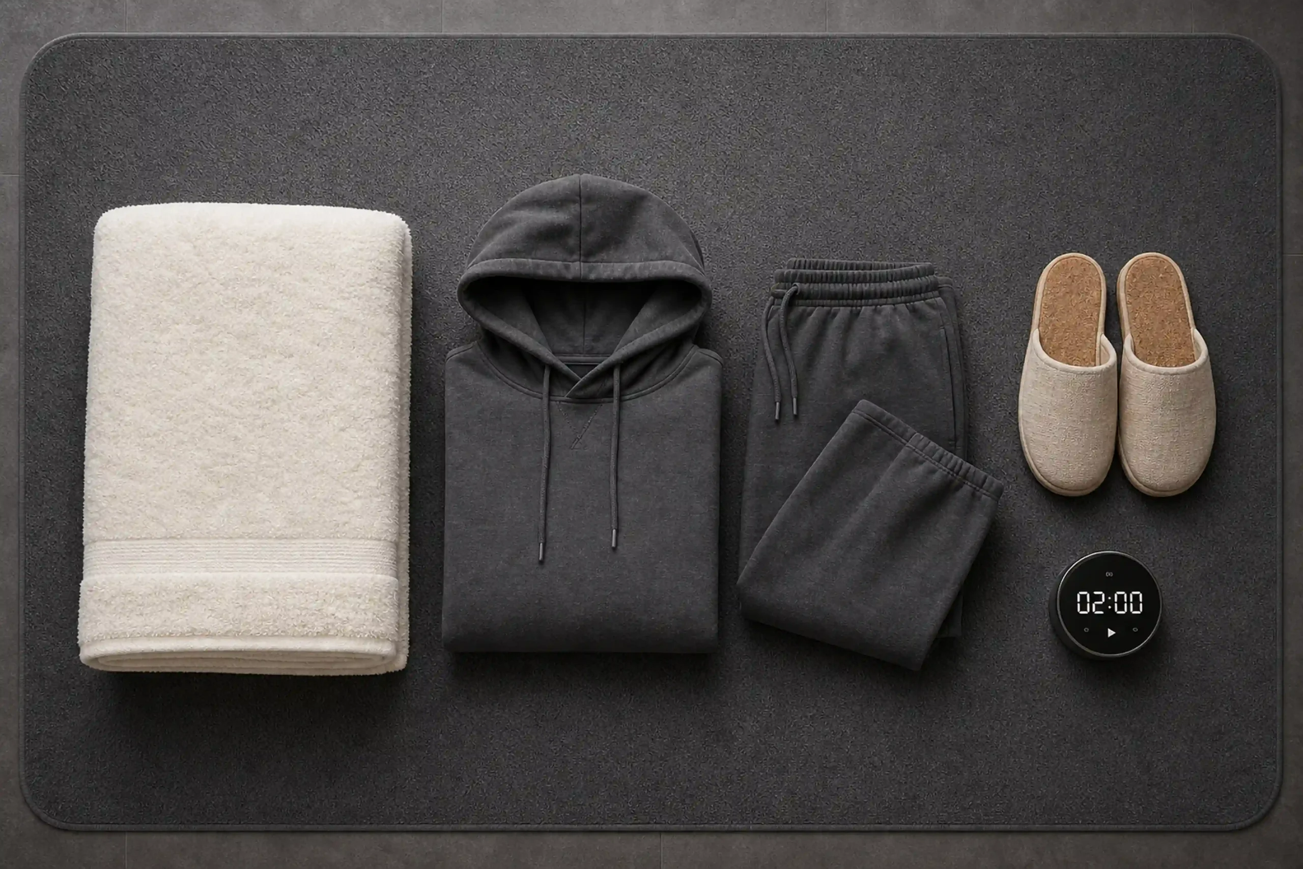 A neat flat-lay arrangement of essential post-plunge recovery gear on a dark non-slip mat, featuring a thick white towel, a grey cotton hoodie and sweatpants, beige slippers, and a digital timer set to two minutes.