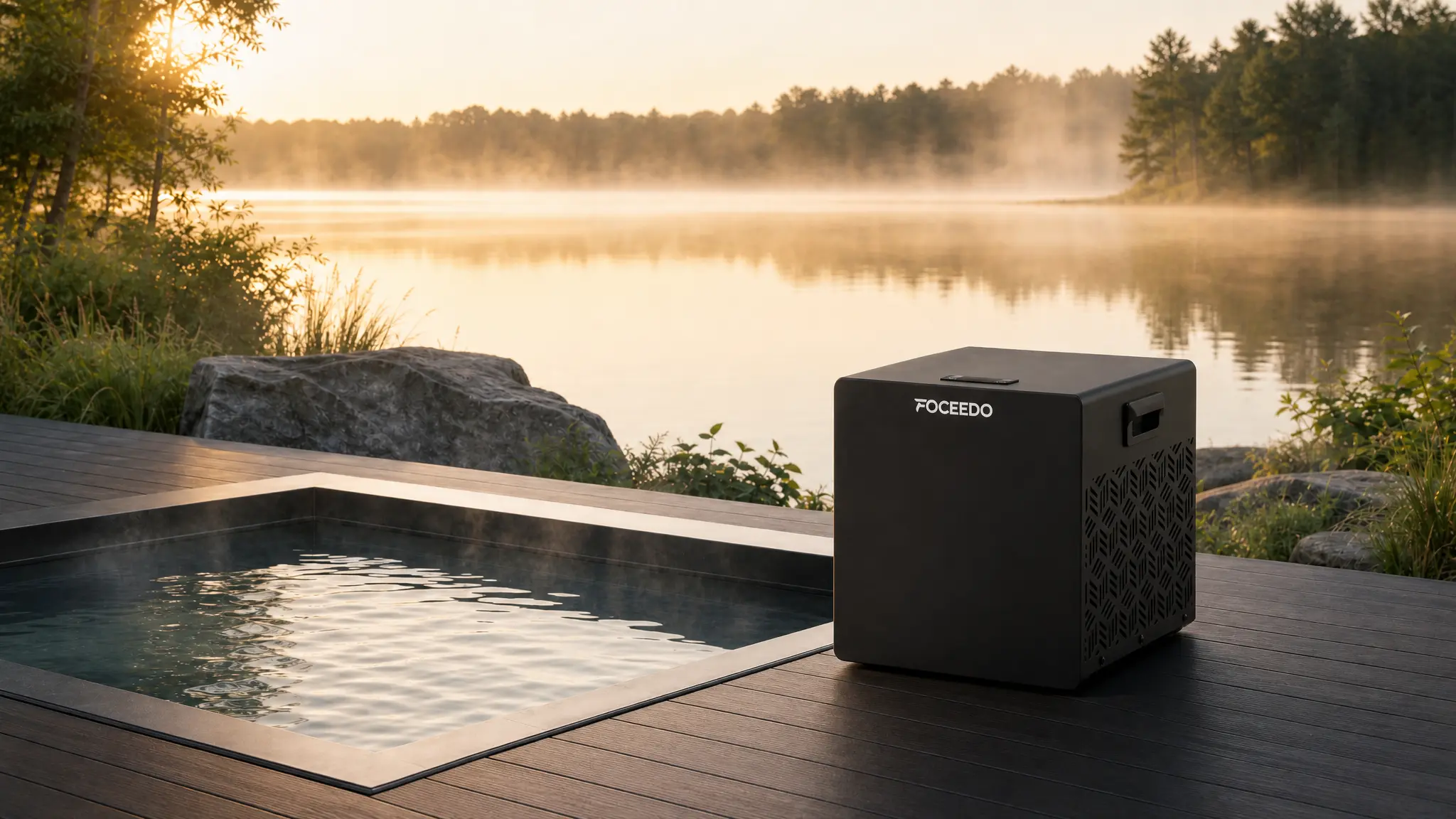 A FOCEEDO premium water chiller and ice bath tub on an outdoor lakeside wooden deck, with peaceful morning mist rolling over the lake at sunrise.
