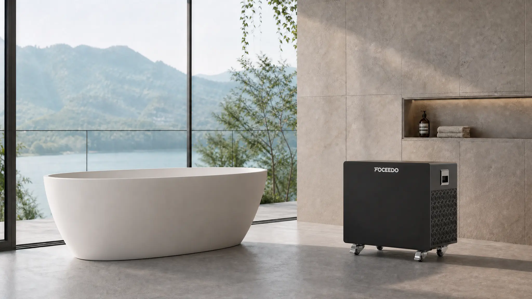 A sleek black FOCEEDO cold plunge chiller positioned next to a minimalist white freestanding bathtub in a modern, natural-lit room with a scenic lake and mountain view.