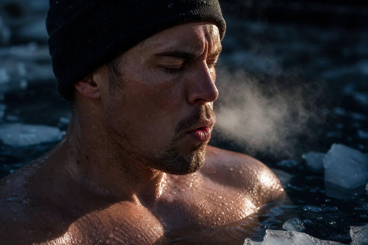 A man immersed in an ice bath tub with floating ice chunks, his eyes closed in focused deep breathing, exhaling visible breath in the cold air, demonstrating autonomic nervous system and breath control during a cold plunge.