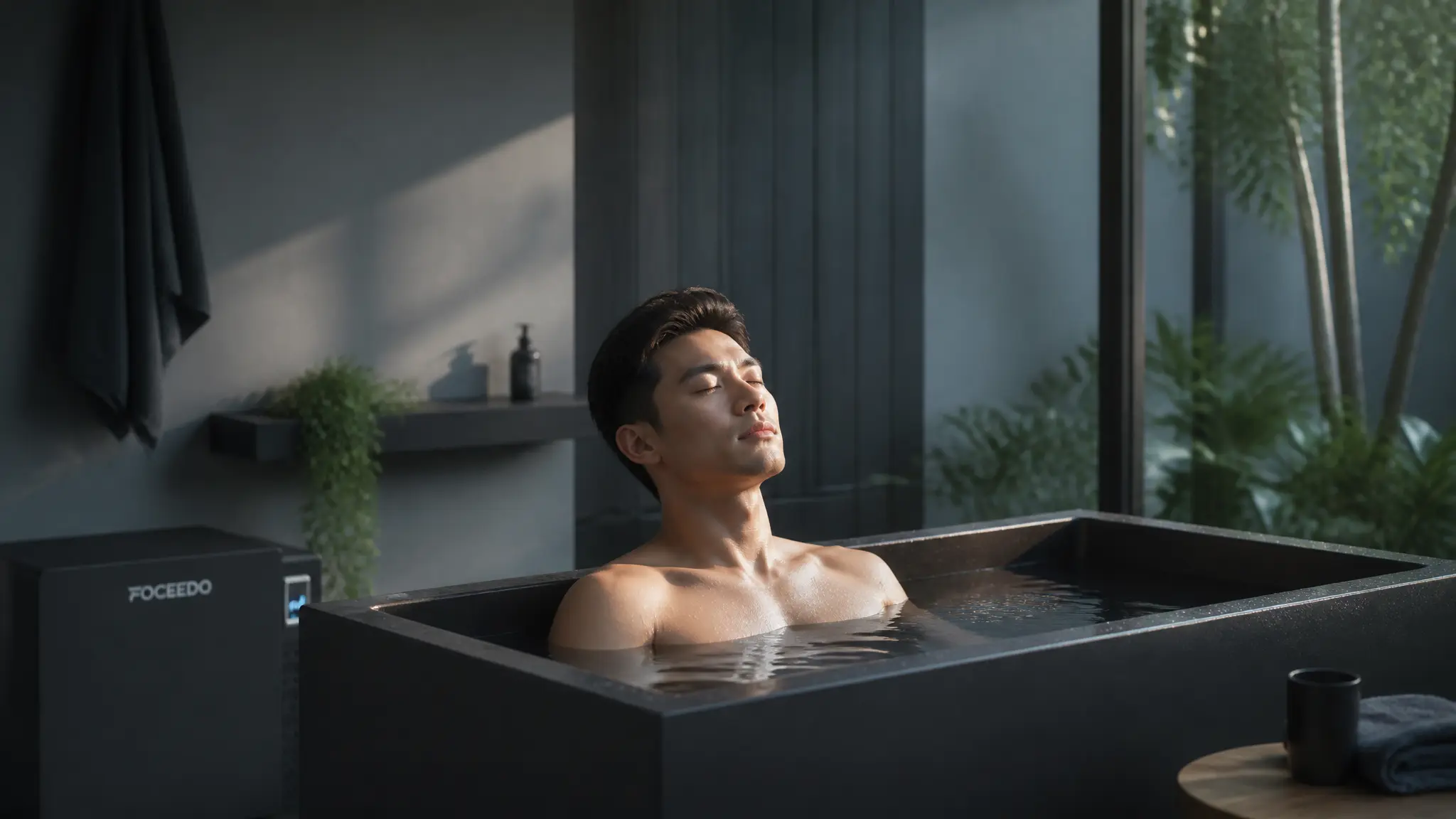 A premium lifestyle photograph of a man with closed eyes relaxing in a black stone cold plunge tub with the visible FOCEEDO brand name, located in a modern, dark-themed bathroom with sunlight filtering through.
