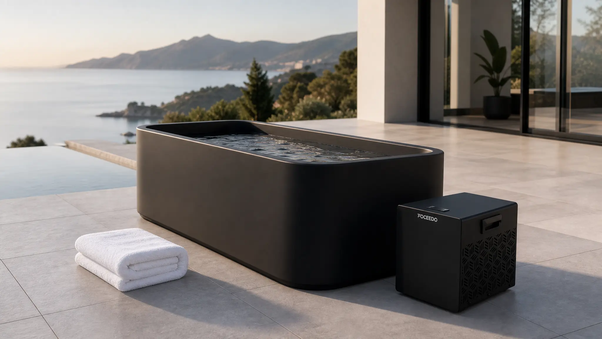 A sleek, matte black cold plunge tub and chiller unit on a luxury outdoor residential patio with a serene coastal mountain view, representing the ideal morning cold water therapy setup.