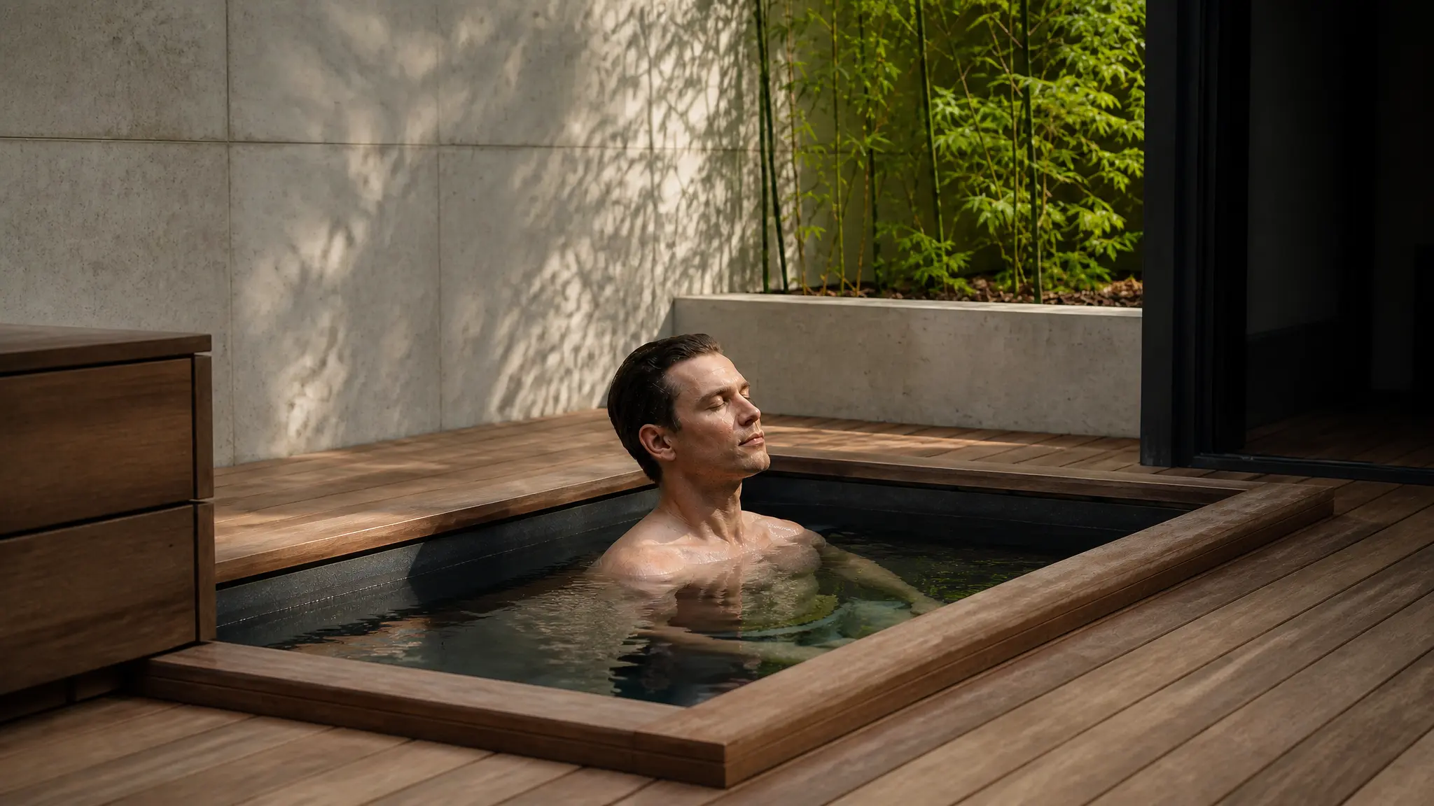 A man with his eyes closed calmly soaking in a modern, minimalist outdoor wooden cold plunge tub, demonstrating the relaxation and focus of cold water exposure therapy.