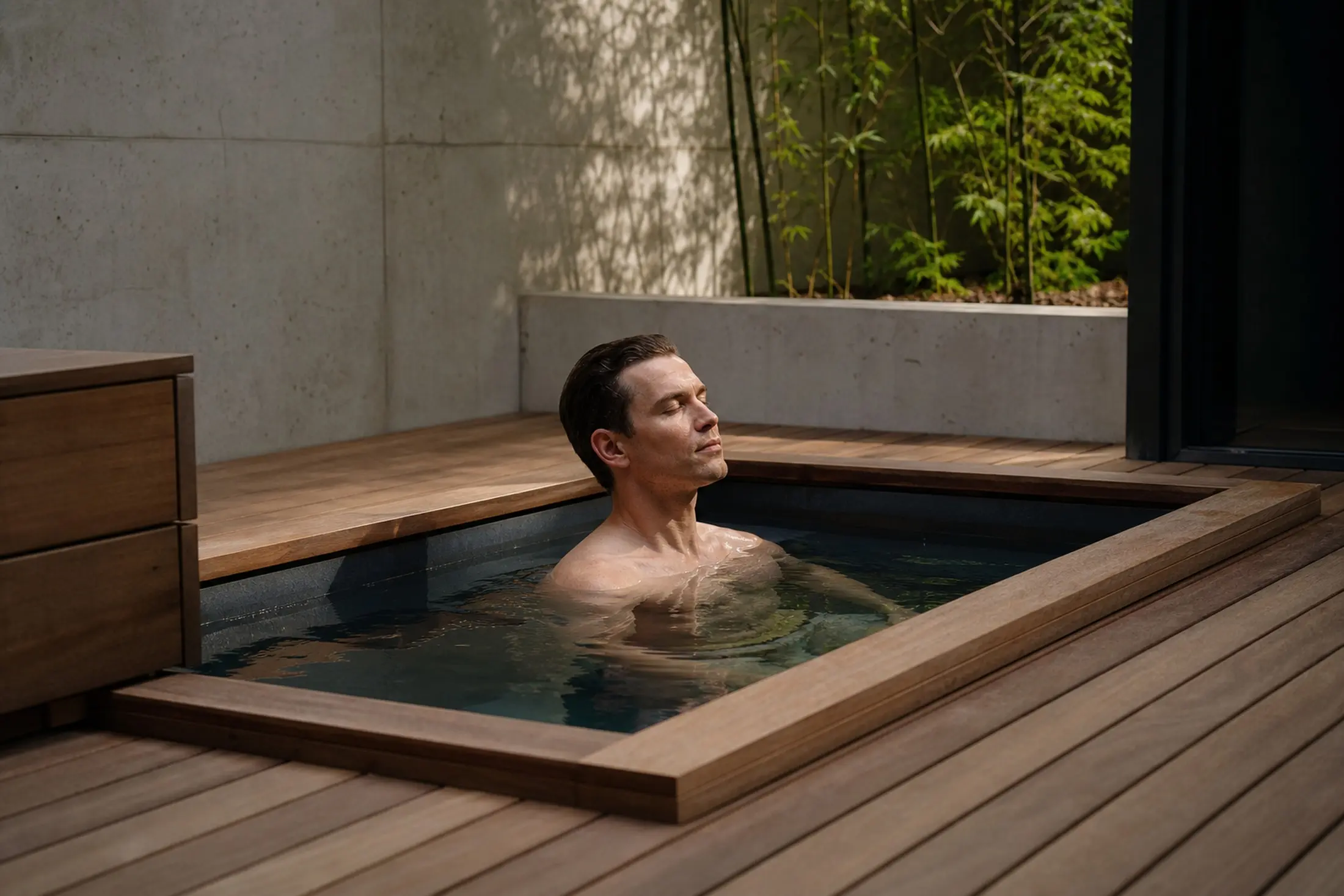 A man with his eyes closed calmly soaking in a modern, minimalist outdoor wooden cold plunge tub, demonstrating the relaxation and focus of cold water exposure therapy.
