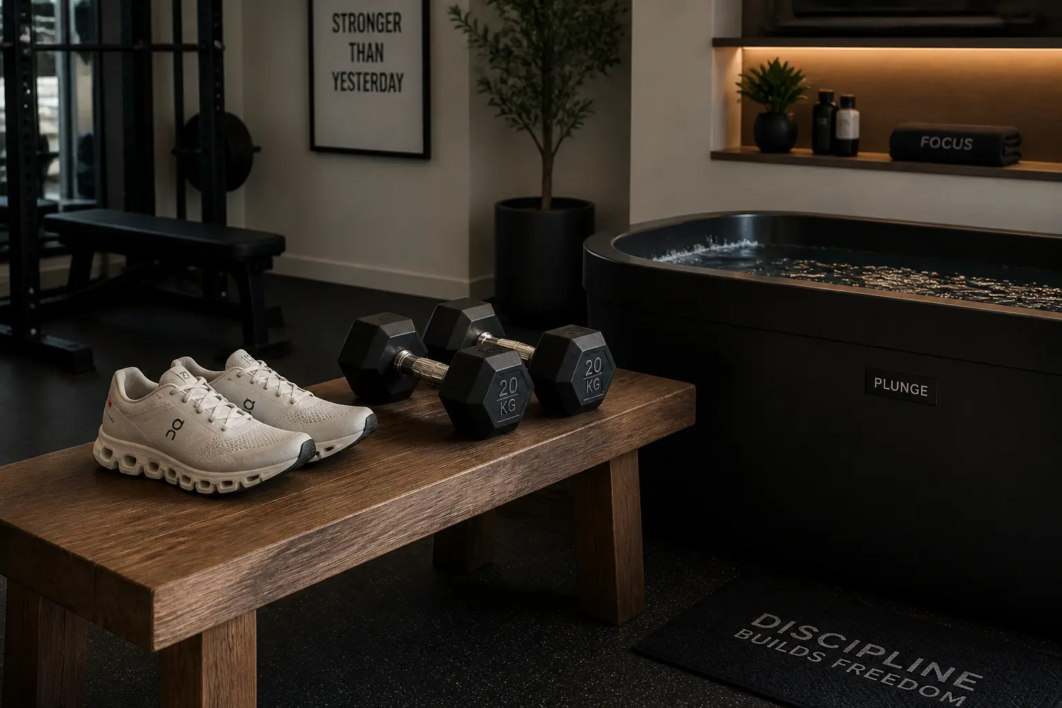 White running shoes and black dumbbells resting on a wooden bench beside a premium black cold plunge tub in a modern home gym, demonstrating the setup for post-exercise cold water immersion.