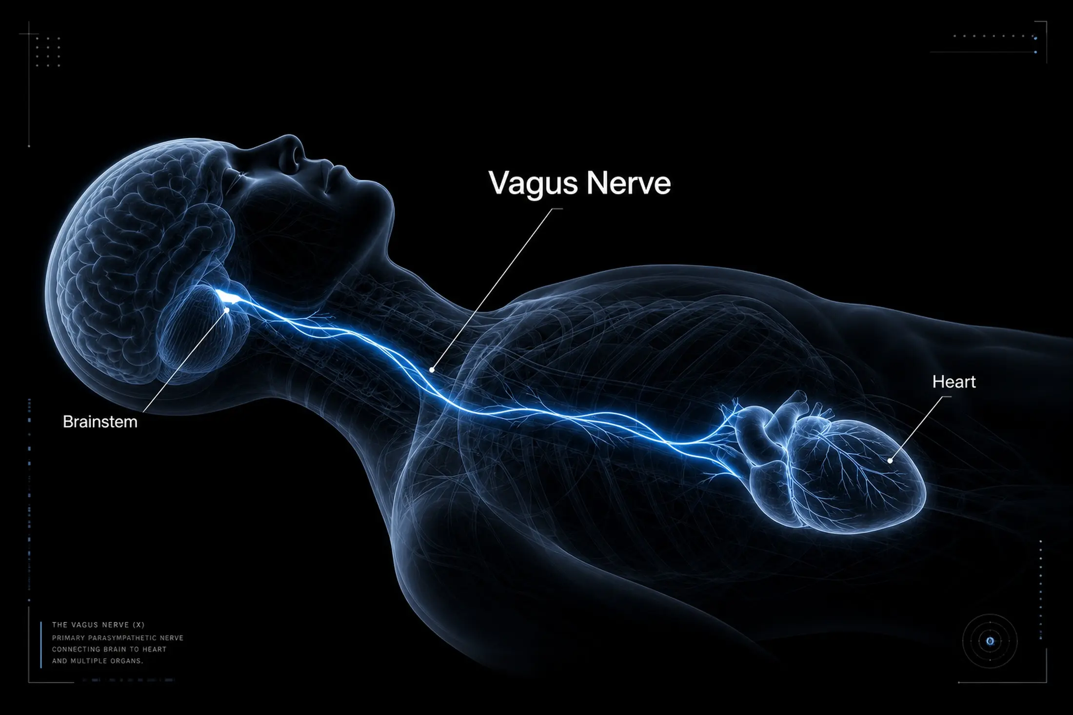 A detailed medical illustration on a dark background, with distinct blue glowing lines mapping the vagus nerve's pathway from the brainstem to the heart in a reclining figure. Clear labels and explanatory text are included.