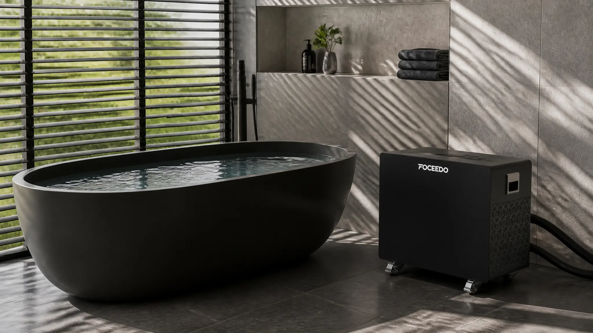 A premium FOCEEDO residential cold plunge chiller connected to a sleek black tub in a modern, sunlit bathroom.