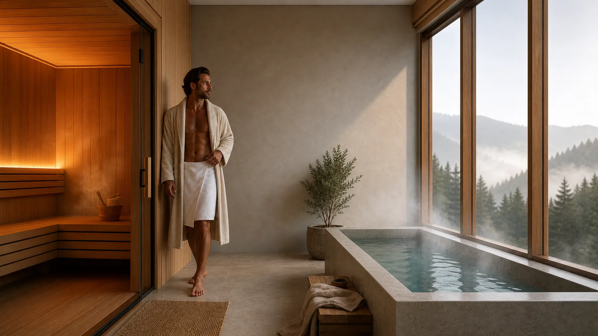 Premium outdoor home wellness setup with a cedar wood sauna and a modern cold plunge tub under soft ambient lighting