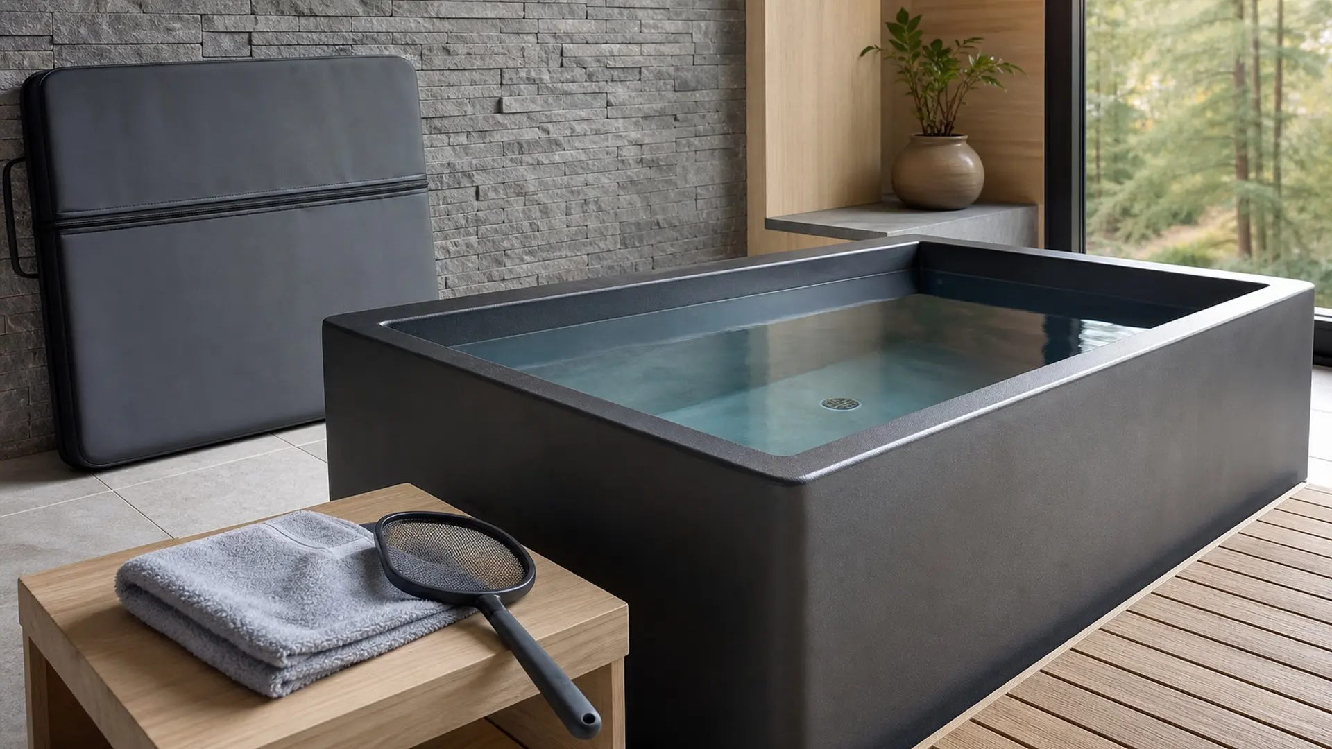 Clear cold plunge water with a fitted cover, microfiber cloth, and skimmer in a clean recovery studio