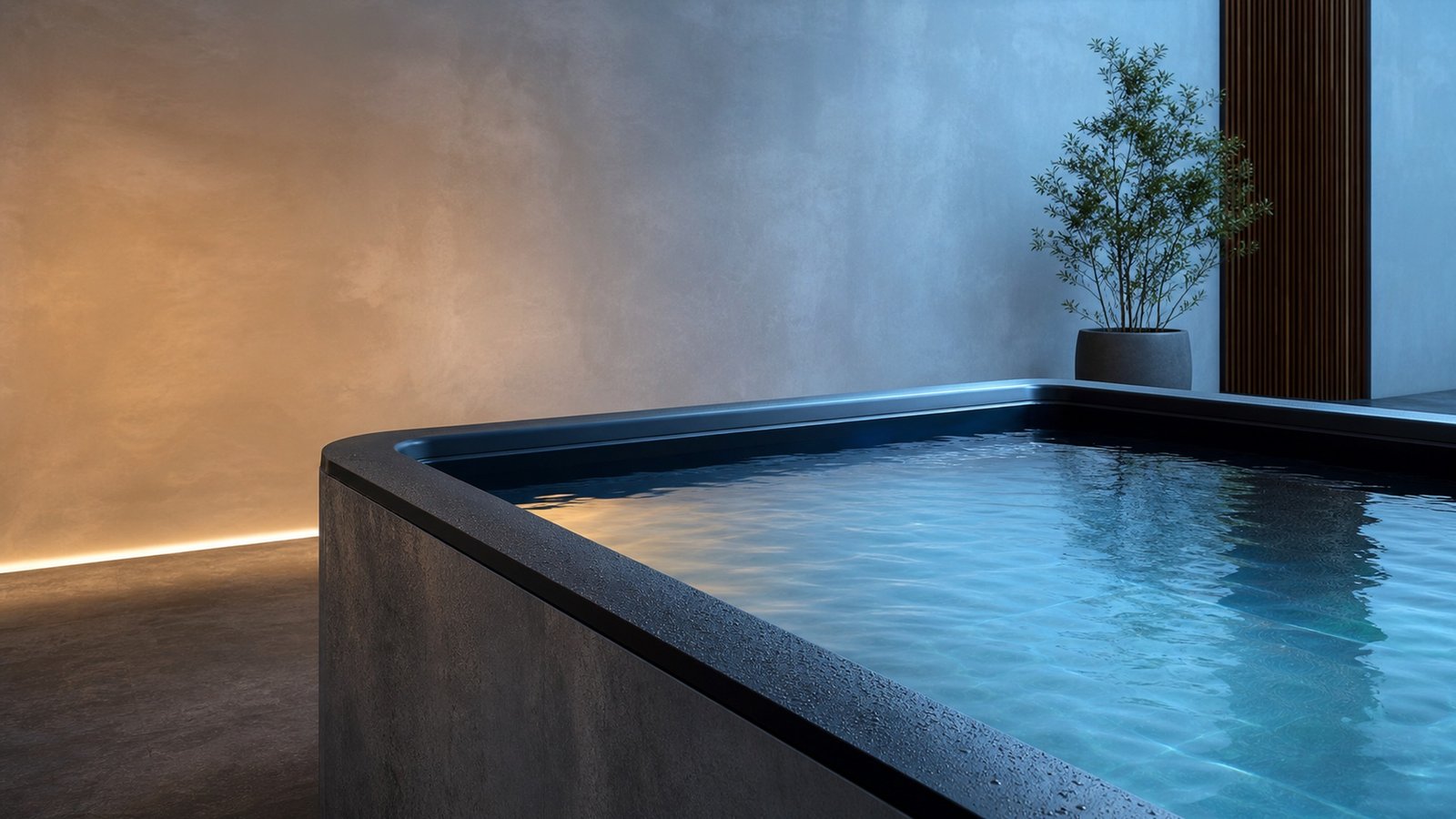 Modern cold plunge tub with clear water in a temperature-controlled recovery room, illustrating gradual water cooling.