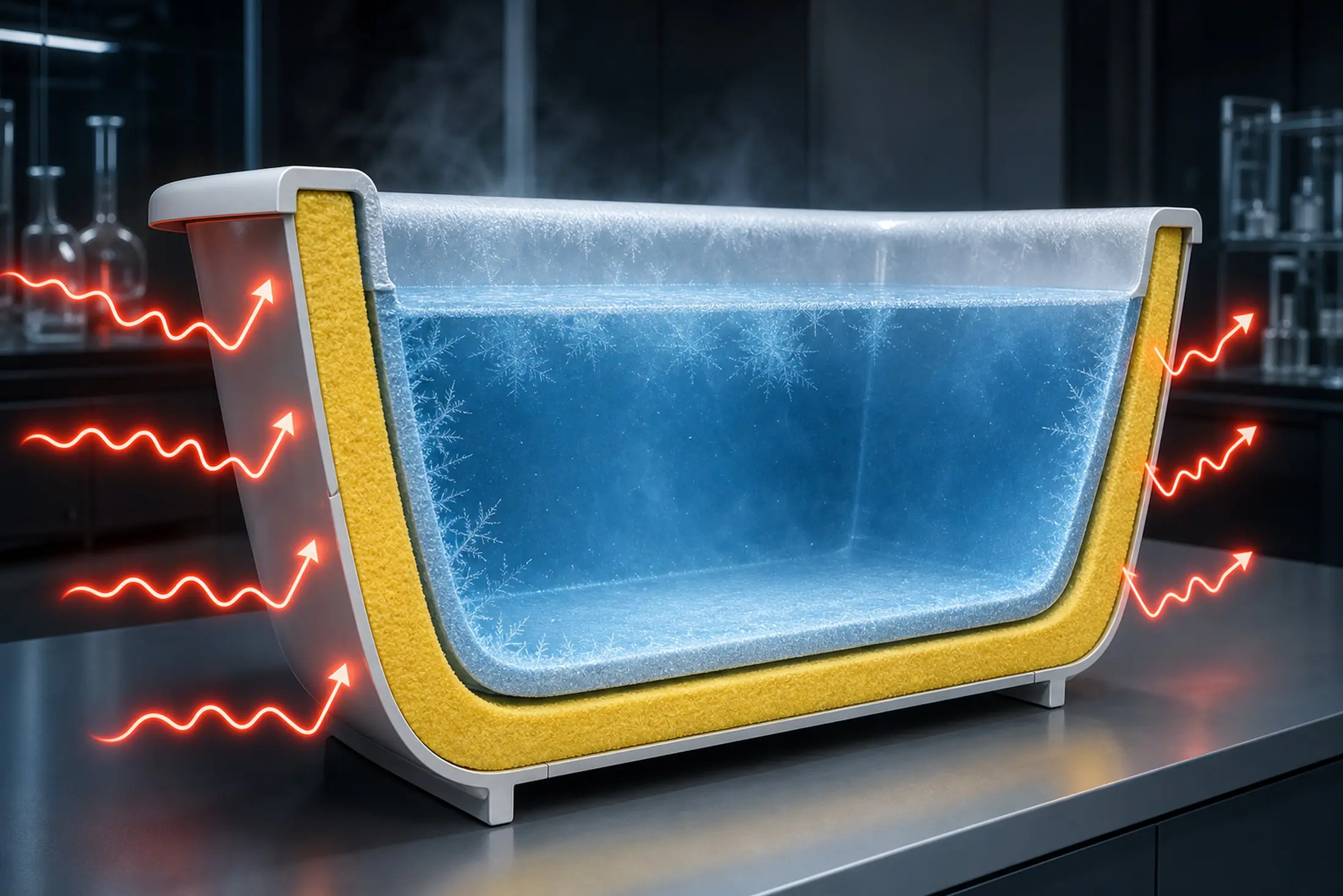 3D cross-section of a cold plunge tub demonstrating how thick high-density foam insulation blocks external ambient heat waves and maintains freezing water temperatures.