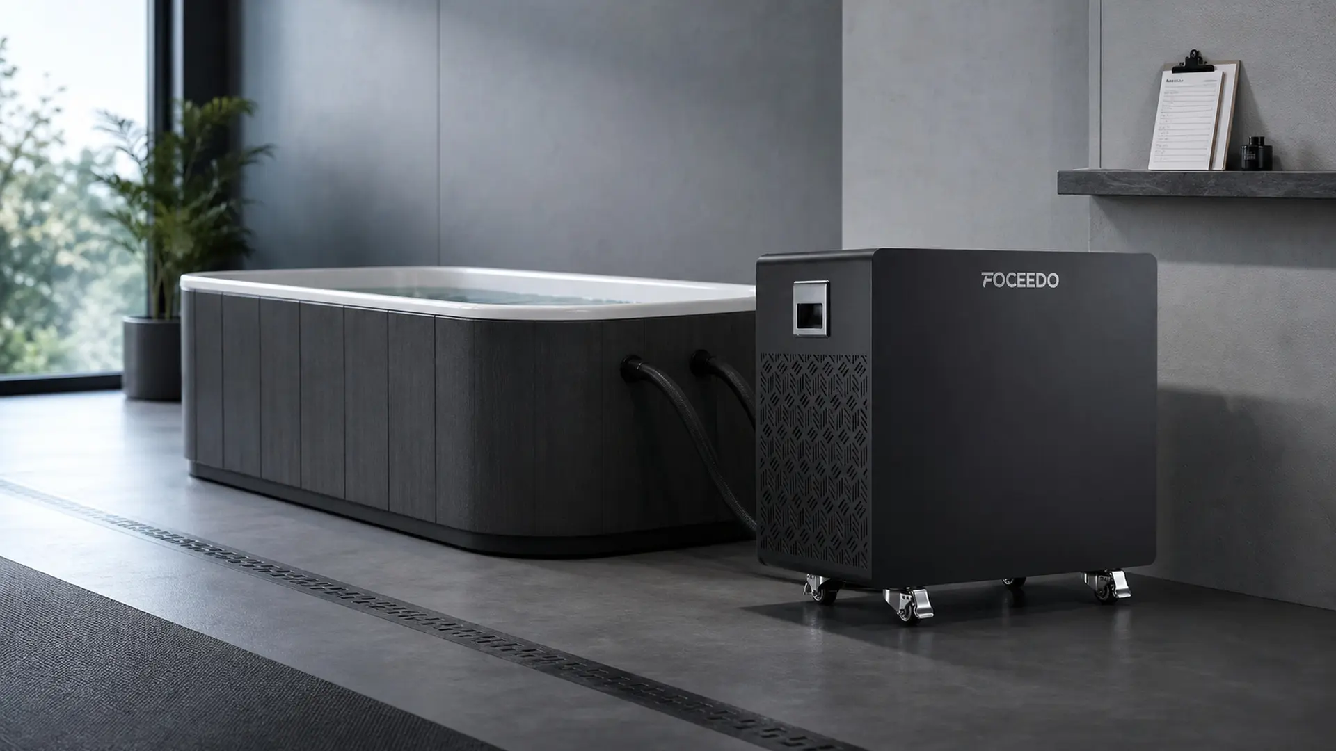 FOCEEDO ice bath chiller beside a commercial cold plunge in a clean recovery studio with organized hoses, clear ventilation space, and a dry nonslip floor.