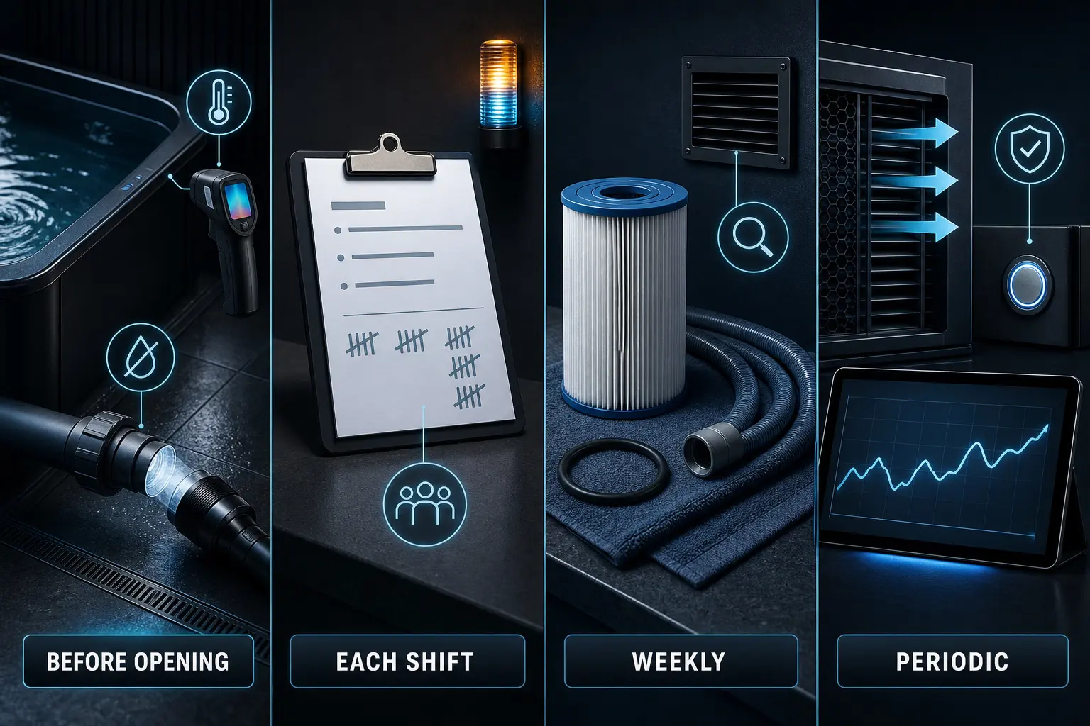 Four-part commercial cold plunge maintenance schedule covering before-opening checks, each-shift records, weekly filter inspections, and periodic airflow and safety reviews.