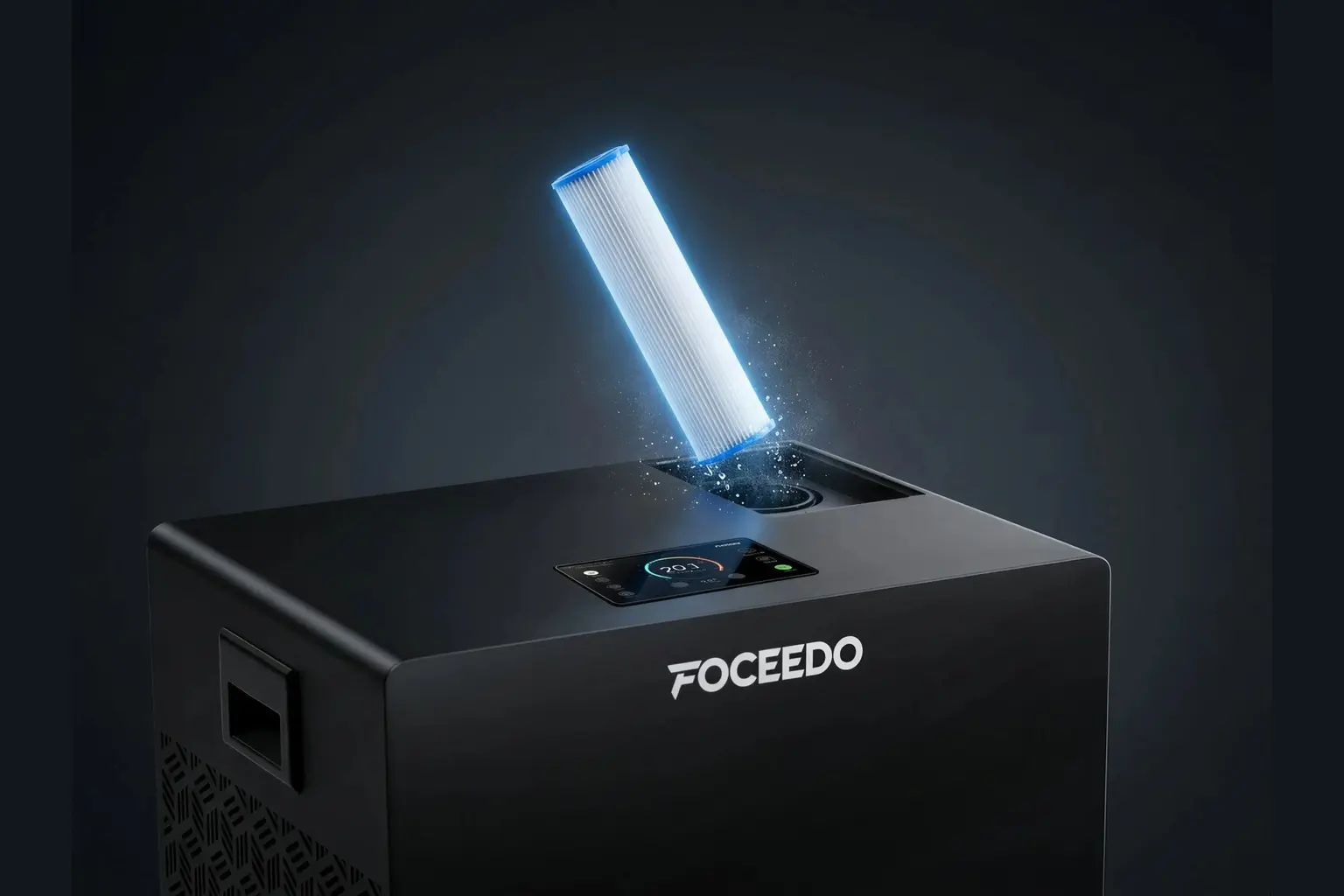 Official FOCEEDO cold plunge chiller image showing the removable cartridge filter above the filtration opening