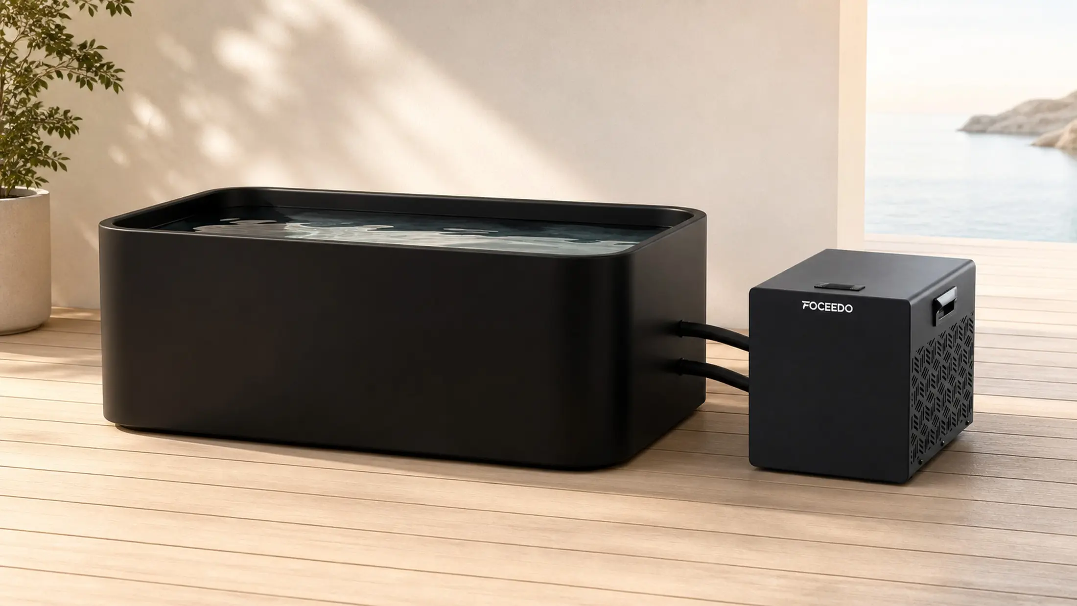 FOCEEDO industrial-grade black water chiller connected to a modern minimalist black cold plunge tub on an outdoor wooden deck.