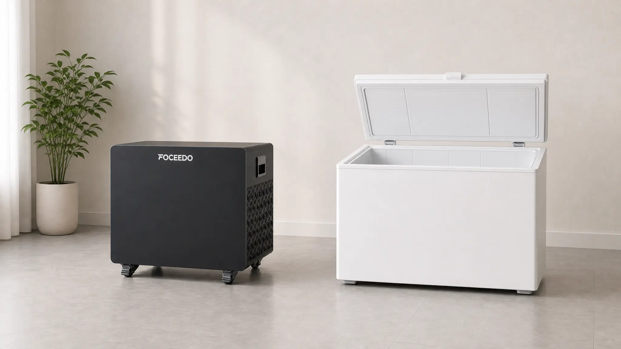 Side-by-side comparison of a black FOCEEDO professional cold plunge chiller and a standard white DIY chest freezer conversion, highlighting the design and quality difference between commercial-grade equipment and home-made alternatives.