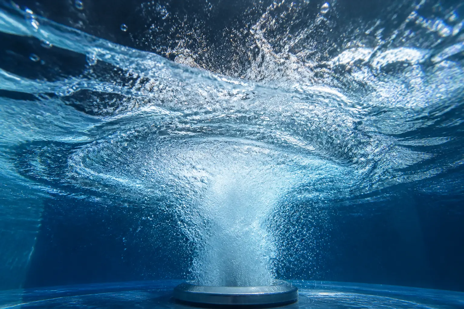 Underwater close-up of a professional cold plunge chiller's high-flow circulation jet, demonstrating active water movement for optimal recovery.