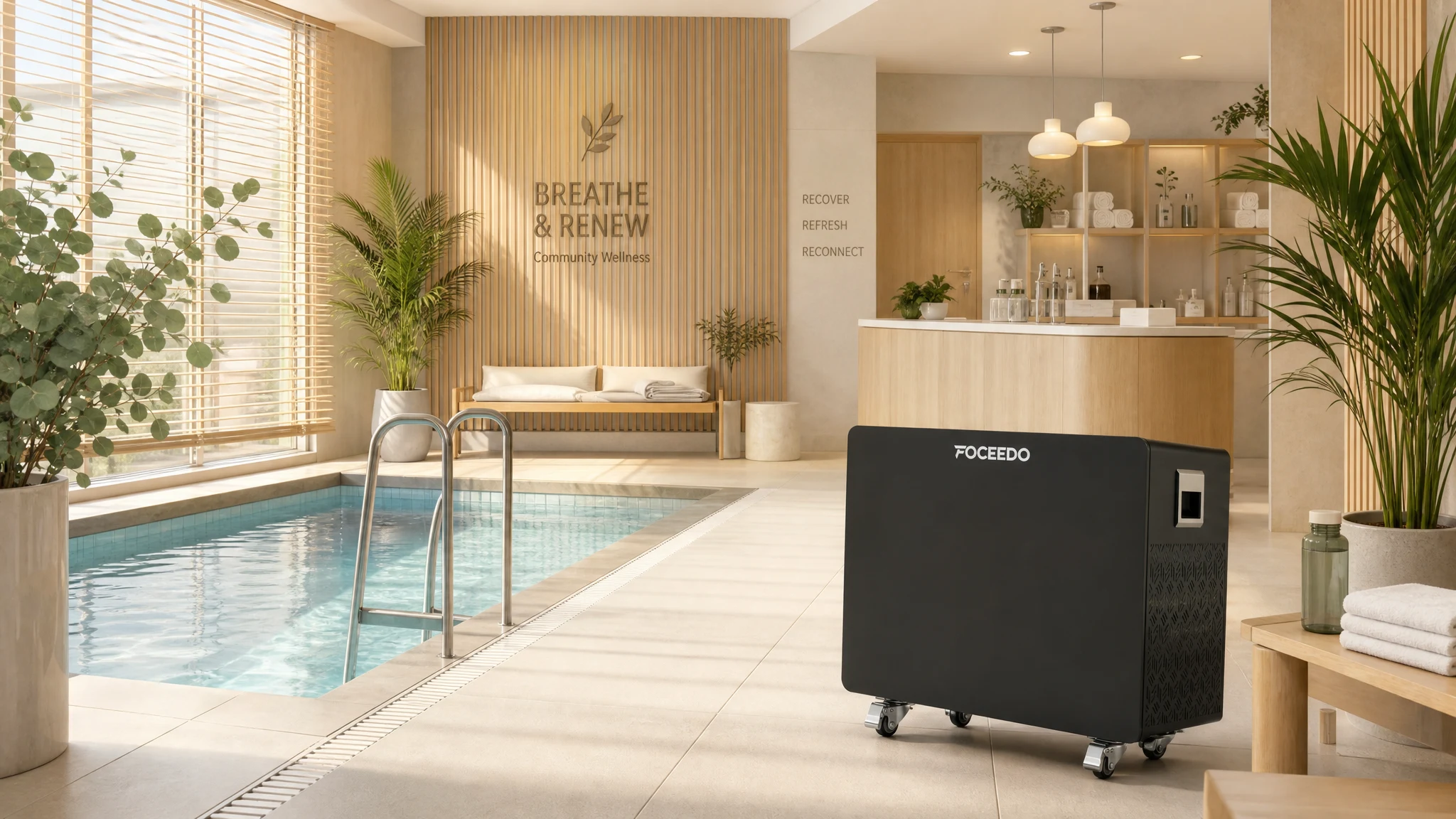 Foceedo commercial cold plunge chiller in a bright, warm-toned modern community spa with an indoor hydrotherapy pool and light oak wood accents.