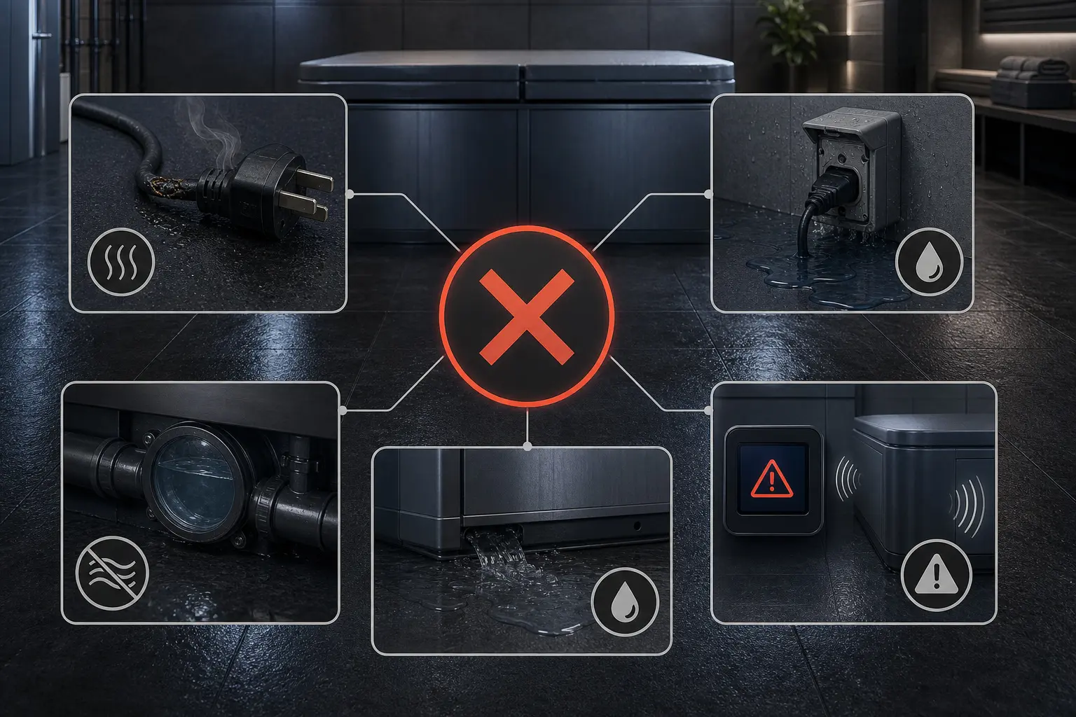 Commercial cold plunge stop-use conditions including damaged electrical components, water at an outlet, no circulation, an uncontrolled leak, and an unresolved equipment alert.