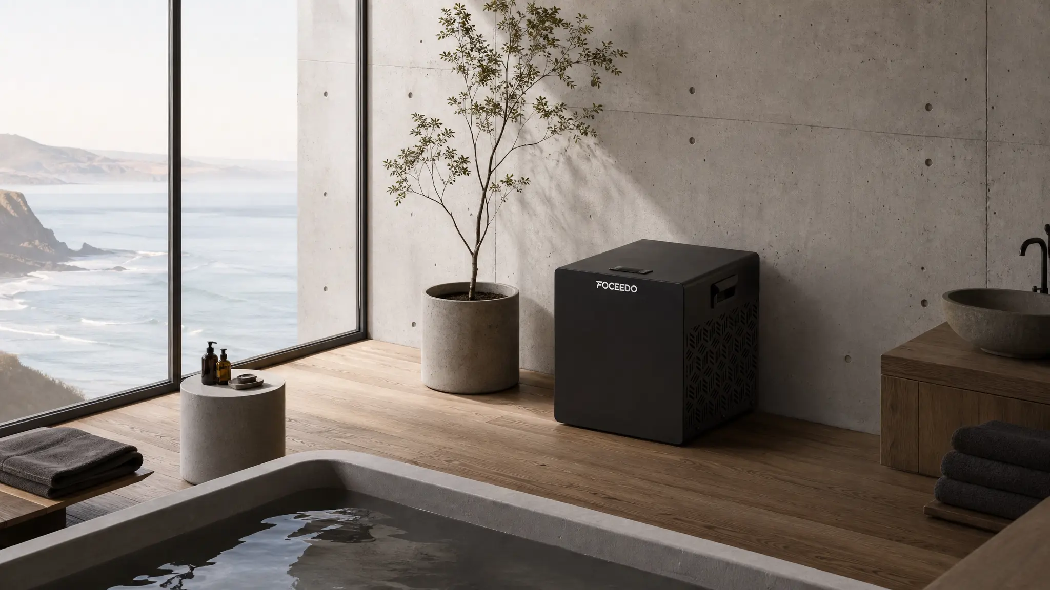 Foceedo premium black cold plunge chiller next to a minimalist concrete tub in a luxury residential oceanfront wellness room.