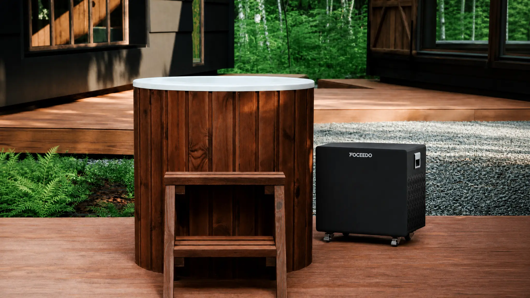 Sleek FOCEEDO chiller connected to a handcrafted wooden cold plunge tub in a home outdoor wellness space.