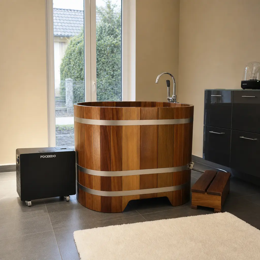 A compact Foceedo ice bath chiller integrated with a light wood tub inside a modern bathroom, illustrating a clean and professional indoor recovery space.
