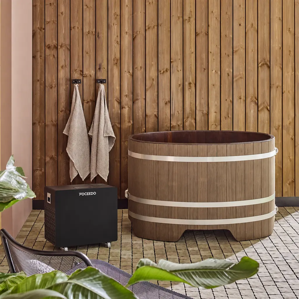 A Foceedo chiller paired with a premium wooden tub on a paved patio with a wooden backdrop, perfect for both luxury home sanctuaries and commercial wellness centers.