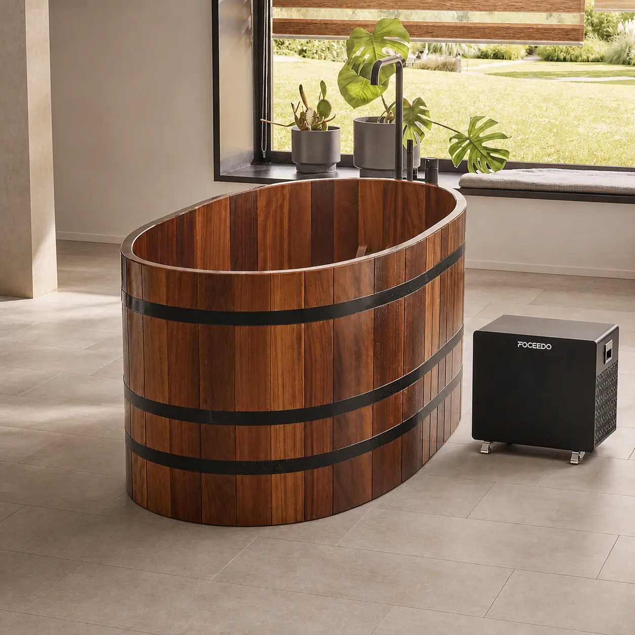 A beautifully lit sunroom featuring a black Foceedo ice bath chiller next to an elegant premium wooden tub, demonstrating flawless aesthetic integration into a high-end living space.