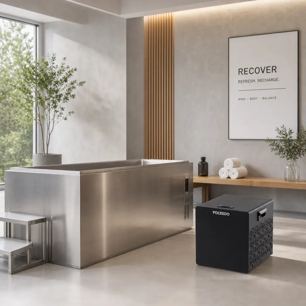 Professional cold therapy integration with a Foceedo chiller inside a dedicated recovery studio.
