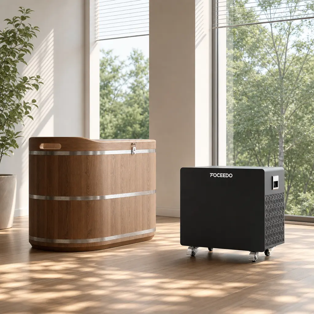 Home cold therapy setup featuring a Foceedo ice bath chiller next to an elegant tub in a bright, modern space.