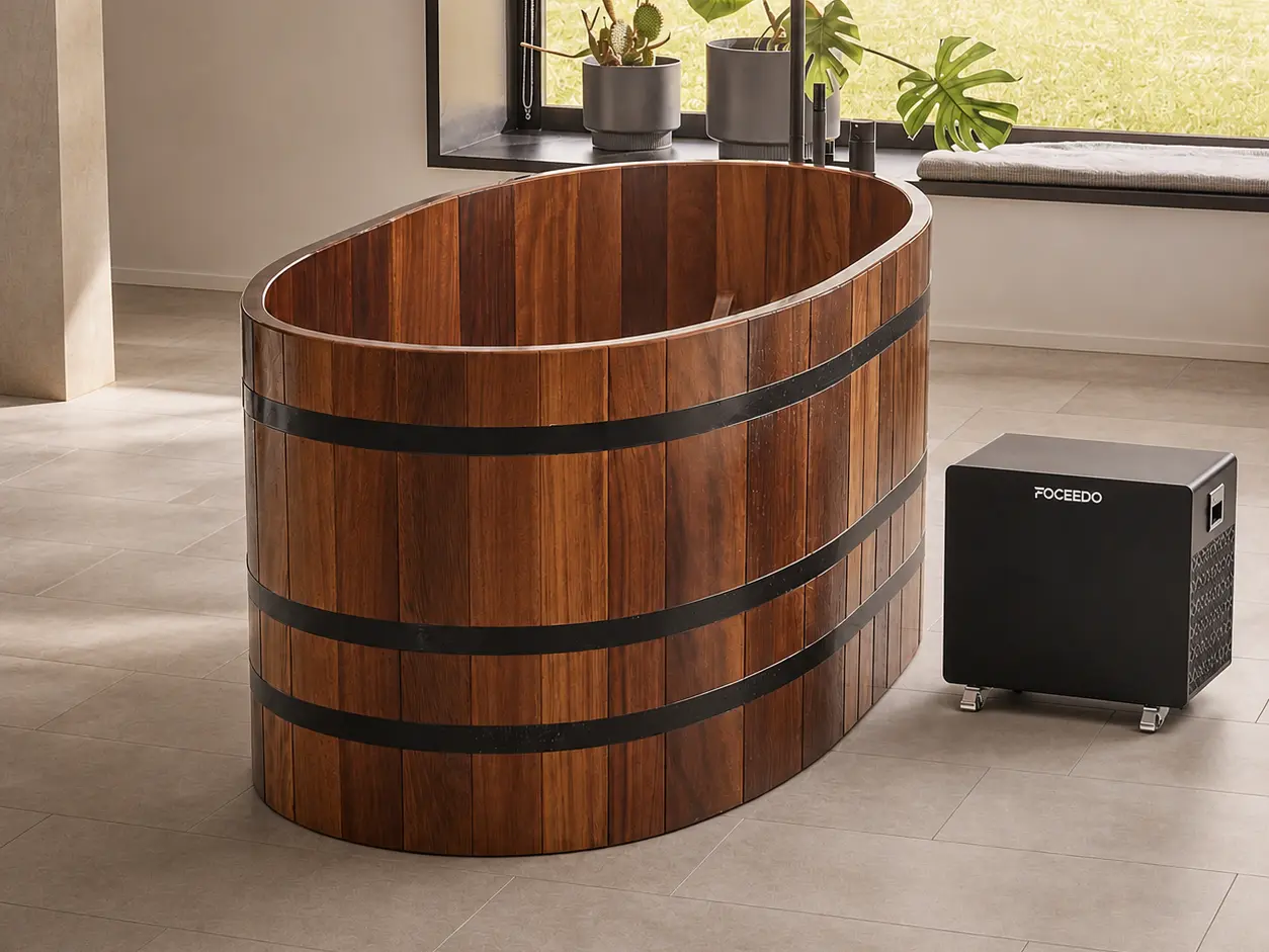 A Blumenberg solid-wood plunge tub paired with a black FOCEEDO cold plunge chiller in a modern, sunlit wellness space.